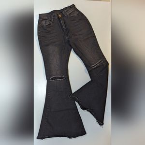 Women's M Black Super Flare Bell Bottom Jean Distressed Knee Super Stretchy